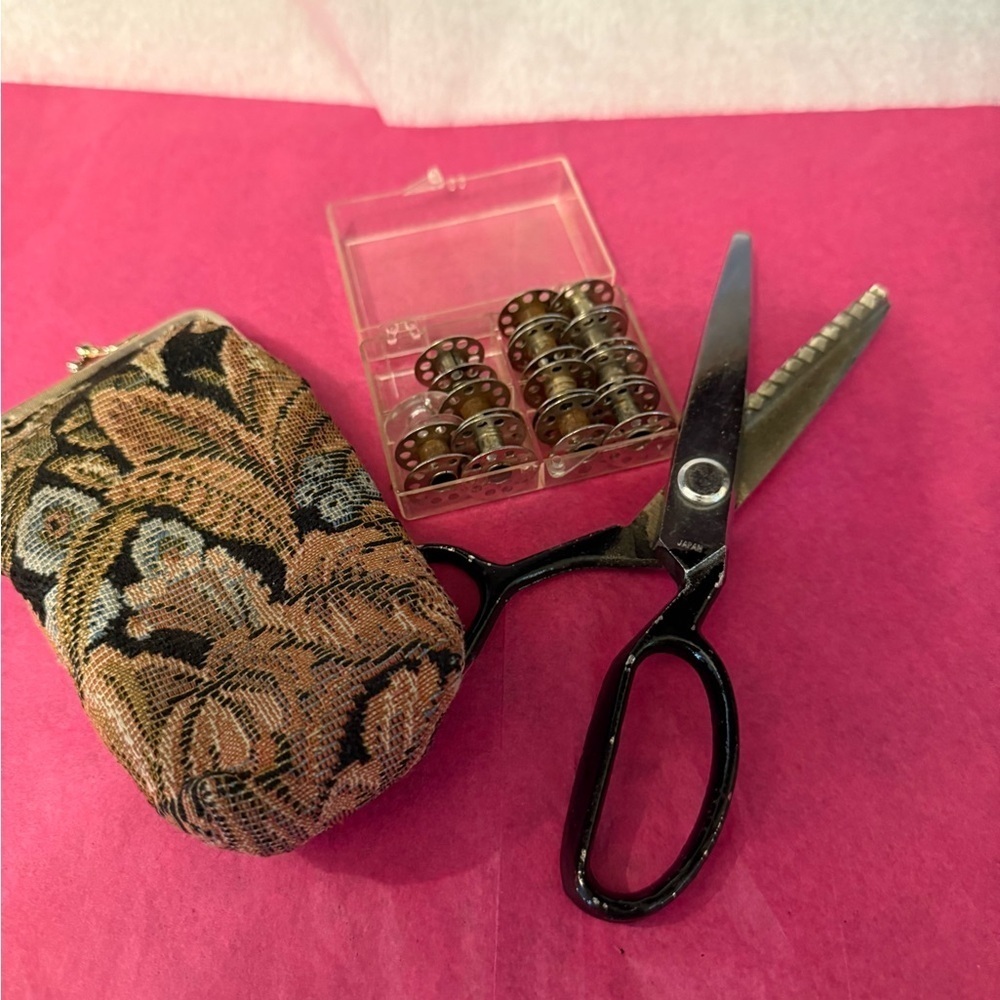 Vintage Pinking Shears, Bobbins & Cigarette Case